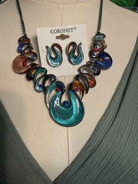 Coronet Multicolor Teal Statement Necklace & Earring Set